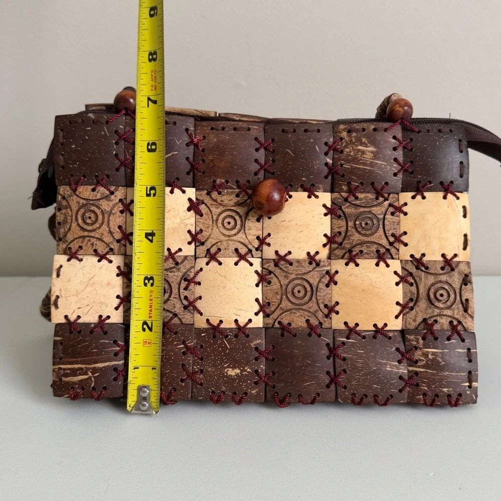 VR Collections Handmade Coconut Shell Bag Boho Checkered Beaded Handle Brown Tan